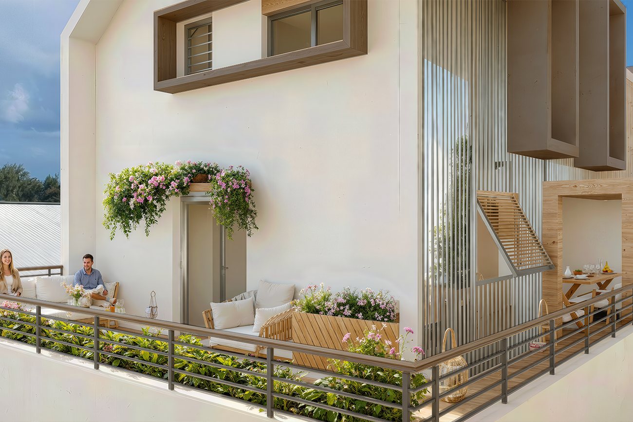 Terrasse panoramique d’un T4, garde-corps et végétation en fleurs