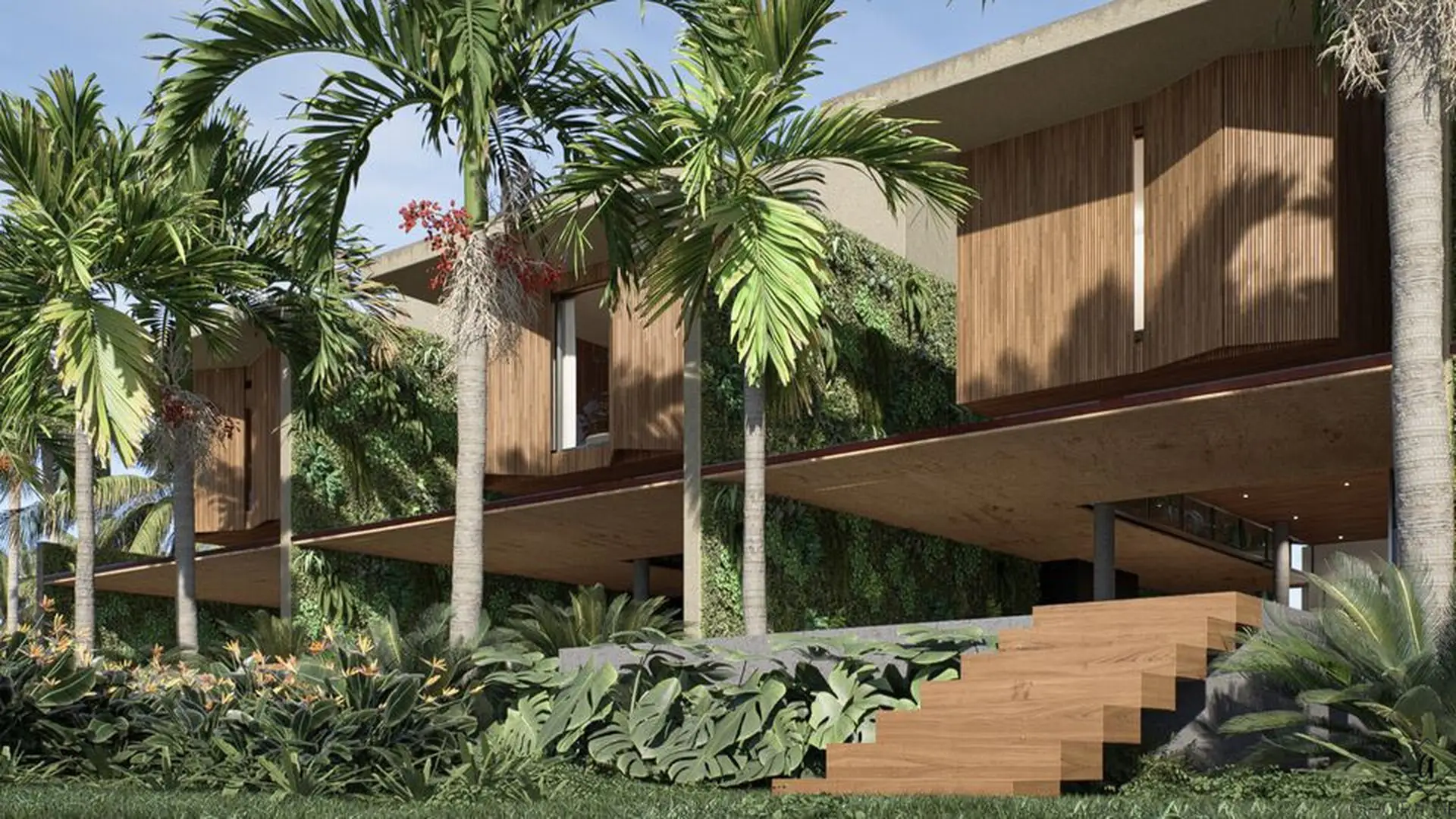 Villa tropicale sur pilotis, façade en bois et végétation dense